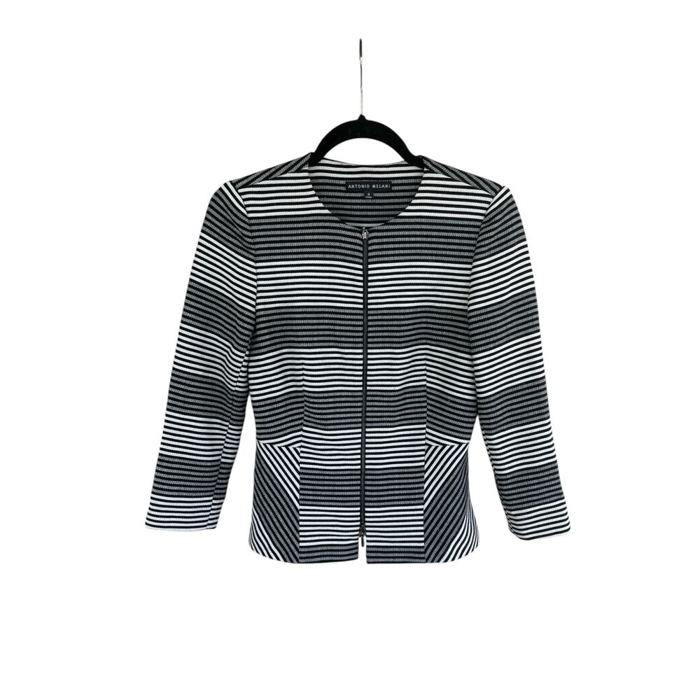 Antonio Melani Jacket Blazer Striped Size 0 Zip Front Black White Peplum Career